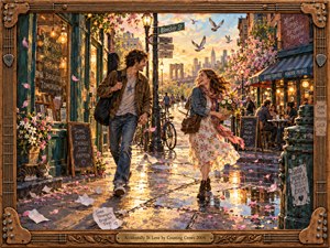 A joyful couple meets on a flower-strewn city street glowing with golden sunset light. Warm cafes, bookstores, bicycles, birds, reflective pavement, and drifting petals create a lively romantic atmosphere. Rich gouache-like textures, carved wood framing, guitar details, and a brass title plate give the scene a handcrafted, nostalgic character.