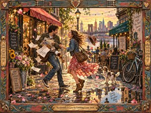 A joyful couple collides on a rain-glossed city street at golden hour, surrounded by drifting petals, flowers, cafe tables, bicycles, and glowing string lights. Warm coral, turquoise, gold, and rose tones enrich the handcrafted mixed-media scene, framed by distressed painted wood, musical details, and an engraved brass title plate.
