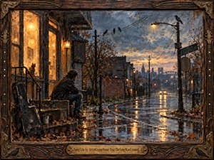 A lone man sits on wet porch steps beside a battered guitar case, gazing down a rain soaked street at dusk. Warm amber window light contrasts with cool blue gray clouds and shining pavement. Painted in a richly textured oil style, the framed scene feels intimate, melancholy, reflective, and quietly hopeful.