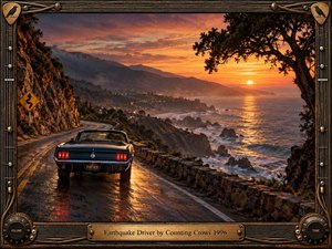 A vintage convertible follows a rain-slick coastal road at sunset, framed by rugged cliffs, ocean surf, distant lights, and glowing mountains. Warm orange skies reflect across wet pavement while the dark car anchors the foreground. Ornate guitar-inspired metalwork, crow emblems, control knobs, and an engraved plaque complete the nostalgic, cinematic realism.