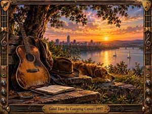 A weathered acoustic guitar, hat, journal, and resting dog overlook a broad river at sunset, where sailboats drift beneath glowing orange and rose clouds. Warm golden light, rugged wood, stone, and foliage create a nostalgic, reflective mood, framed by ornate guitar-inspired metalwork and a polished brass title plate.