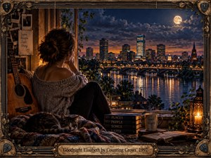 A solitary woman sits beside a moonlit window overlooking a glowing riverside city, surrounded by a guitar, sleeping cat, books, candlelight, and handwritten memories. Warm amber interior light contrasts with deep blue night skies and shimmering reflections, creating a wistful, intimate, painterly scene framed with ornate musical details.
