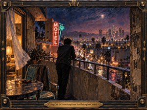 A solitary figure leans over a weathered motel balcony above rain-slicked Los Angeles streets, surrounded by neon, palm silhouettes, and distant city towers. Indigo and violet skies contrast with amber windows and reflections, while textured oil-like brushwork, worn furnishings, a glowing lamp, and ornate bronze framing create a wistful, late-night atmosphere.