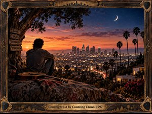 A solitary man sits on a rocky Los Angeles overlook at dusk, an acoustic guitar resting beside him as the city glows below. Warm orange sunset fades into deep blue night, framed by palms, a crescent moon, and vintage wood-and-brass detailing. The cinematic scene feels wistful, intimate, and quietly reflective.