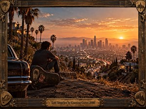 A solitary man sits beside a worn guitar case on a Los Angeles hillside, overlooking glowing freeways, palm trees, downtown towers, and distant mountains at sunset. Warm orange and gold light creates a reflective, bittersweet mood, while the richly textured vintage frame adds handcrafted musical detail and nostalgic character.