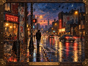 A solitary figure walks through a rain-soaked city street at twilight, surrounded by glowing diner neon, theater lights, blurred traffic, and reflective pavement. Deep blues, amber reds, and golden highlights create a wistful nocturnal mood. Textured painterly brushwork, crows on wires, autumn leaves, and an ornate wood-and-brass frame deepen the nostalgic atmosphere.