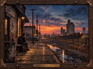 A lone traveler sits outside a weathered depot beside wet pavement and railway tracks, gazing toward a glowing Midwestern horizon. The scene feels wistful and restless, with cracked sidewalks, freight cars, grain silos, and puddled reflections beneath a fiery orange and blue twilight sky, rendered in richly textured, cinematic painterly detail.