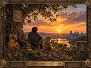 A lone figure and dog overlook a glowing river city at sunset, framed by a weathered tree, lantern, guitar, wildflowers, and rugged stone. Warm gold and amber light contrasts with deep greens and shadowed earth, creating a reflective, hopeful mood. The handcrafted frame adds nostalgic musical detail.