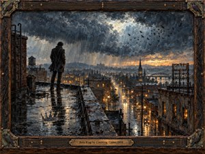 A solitary figure stands on a rain-soaked rooftop above a glowing city at dusk, facing turbulent storm clouds and circling crows. Wet streets shimmer with amber reflections beneath blue-gray skies, while a distant spire and bridge deepen the melancholy. Textured oil and encaustic surfaces, weathered framing, and dramatic light create a brooding, reflective atmosphere.