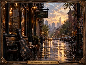 Rain glistens across a quiet city street at golden hour, reflecting amber lamps and a hazy skyline. A battered guitar case rests beside a worn bench beneath the Sullivan Street sign, while brick buildings, fire escapes, bicycles, and taxis create a nostalgic urban mood framed in richly weathered bronze.