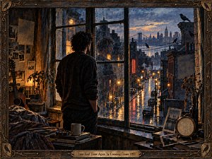A solitary man stands beside a rain-streaked apartment window overlooking a glowing city at twilight. Warm amber lamplight contrasts with cool blue streets, distant bridges, and reflective pavement. Guitars, photographs, books, a clock, and perched crows deepen the melancholy mood in a richly textured, painterly urban scene.