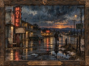A lone figure walks down a rain-soaked roadside past a weathered motel and glowing bar at dusk. Neon reds and amber streetlights reflect across cracked pavement beneath heavy blue-gray clouds. The richly textured, painterly scene feels lonely and uncertain, framed by distressed wood, bronze hardware, guitar strings, and a centered engraved title plate.