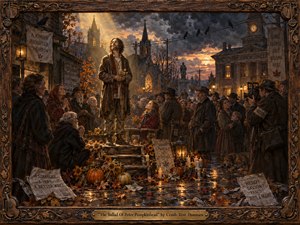 A weathered prophet-like figure stands above a solemn autumn crowd in a shadowed town square, framed by churches, civic buildings, ravens, candles, pumpkins, and fallen leaves. Warm golden sunset pierces storm clouds, contrasting with earthy browns and charcoal tones. Rich painterly textures, carved wood framing, and dramatic lighting create a mournful, mythic atmosphere.