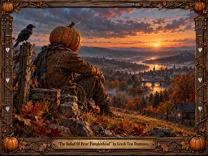 A pumpkin-headed figure in tattered clothing sits quietly on a rocky autumn hillside overlooking a misty river valley and glowing village at sunset. Warm orange light contrasts with purple-gray clouds, creating a reflective, bittersweet mood. Detailed painterly textures, a perched raven, rustic fences, brilliant foliage, and an ornate guitar-inspired wooden frame enrich the scene.