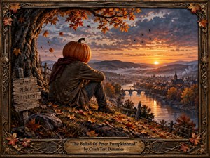 A pumpkin-headed figure sits beneath an autumn tree overlooking a misty river town at sunset. Warm orange and gold light contrasts with blue-gray clouds, distant hills, and reflective water, creating a contemplative, bittersweet mood. Rich painterly detail, falling leaves, rustic textures, and an ornate carved frame give the scene a handcrafted, storybook quality.