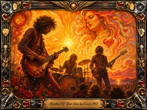 A glowing psychedelic rock trio performs beneath a radiant golden sunset, surrounded by swirling orange, crimson, and cream brushwork. A dreamy female figure and heart emerge from the luminous sky, adding romantic warmth. Rich oil-paint textures, red roses, silhouetted crowds, and an ornate gold-and-chrome musical frame create a passionate vintage atmosphere.