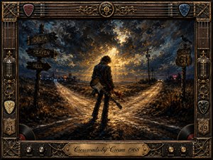 A lone guitarist stands at a desolate rural crossroads beneath a storm-darkened sky, choosing between diverging roads marked by haunting signs. Golden sunset rays break through blue-black clouds, illuminating wet earth and distant neon lights. Richly textured oil-paint styling, dramatic shadows, and an ornate guitar-inspired frame create a brooding blues atmosphere.