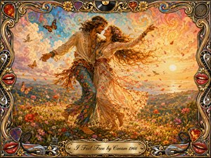 A joyful hippie couple dances barefoot through a flower-filled meadow beneath a glowing psychedelic sunset, their flowing clothes and hair caught in the breeze. Warm gold, coral, turquoise, and cream tones create a romantic, liberated mood. Rich painterly textures, butterflies, swirling clouds, and an ornate music-themed frame complete the nostalgic 1960s scene.