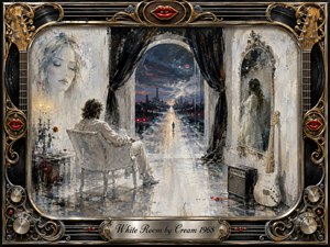 A solitary figure sits in a luminous white room, gazing through dark curtains toward a distant city and glowing road beneath a stormy blue sky. Ghostly female faces, candles, a rose, guitar, and amplifier deepen the melancholy. Textured oil-paint brushwork, silver-gray light, red accents, and an ornate rock-themed frame create a haunting psychedelic atmosphere.