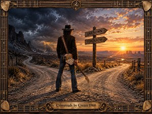 A lone guitarist stands at a dusty desert crossroads beneath a divided sky of brooding storm clouds and radiant sunset. Warm golds contrast with deep blues and charcoal shadows, creating tension and possibility. Photorealistic detail, weathered roads, distant mesas, rustic signs, and an ornate guitar-inspired frame evoke timeless blues-rock mythology.