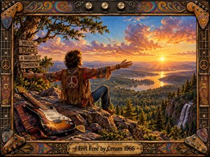 A free-spirited musician sits on a rocky overlook with arms outstretched toward a glowing sunset, winding river, forests, mountains, and waterfall. Warm gold, orange, blue, and earthy tones create an uplifting psychedelic mood. A weathered electric guitar and richly ornamented 1960s-inspired frame reinforce the handcrafted rock-era atmosphere.
