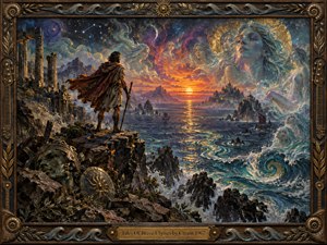 A lone mythic wanderer stands on a rugged cliff above a luminous, storm-tossed sea at sunset, surrounded by ancient ruins and ghostly figures emerging from clouds and waves. Rich teal, violet, gold, and amber tones glow through textured oil-and-wax brushwork, while the ornate bronze frame reinforces the psychedelic, heroic atmosphere.