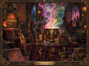 A richly detailed psychedelic parlor surrounds a glowing brass vessel that releases swirling rainbow vapors forming dreamlike faces. Vintage guitars, records, bottles, candles, books, and a watchful black cat fill the shadowy room. Warm amber light, jewel-toned color, ornate textures, and painterly detail create a mysterious 1960s atmosphere.