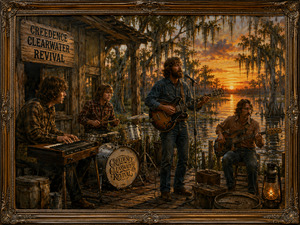 A dramatic Southern rock performance unfolds on a weathered bayou porch at sunset. Four musicians play among lanterns, barrels, ropes, and rustic instruments while cypress trees and Spanish moss surround the glowing swamp. Warm reflections and an ornate antique frame give the scene a powerful vintage album-cover atmosphere.