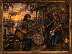 A spirited band performs on a rustic bayou porch while a steamboat crosses the river beneath a brilliant golden sunset. Weathered signs, wooden crates, lanterns, instruments, and swamp vegetation fill the detailed scene. The ornate frame and warm earth tones create a classic Southern rock celebration.