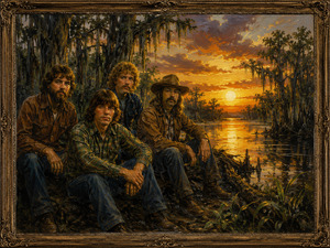 Four rugged musicians rest together on a mossy log beside a shadowed bayou at sunset. Dense cypress trees, hanging Spanish moss, muddy banks, and reflective water create a mysterious wilderness setting. Their denim, plaid, hats, and weathered clothing blend naturally with the richly painted Southern landscape.