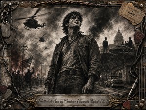 A battle-worn young man stands defiantly amid smoke, protest crowds, helicopters, and symbols of privilege and war. Deep charcoal textures, muted blacks, browns, and grays create a tense, rebellious atmosphere. Dramatic lighting emphasizes his weathered face, while a rugged industrial frame of metal, wires, guitar picks, and memorabilia surrounds the scene.