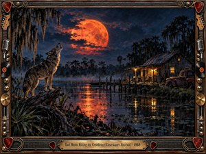 A lone wolf howls beneath an enormous fiery red moon over a misty Southern swamp, where a weathered cabin, dock, windmill, and rusted truck glow in warm lamplight. Deep blues, blacks, and orange reflections create an ominous cinematic mood, framed by richly detailed vintage rock-and-roll instruments, records, metalwork, and guitar motifs.