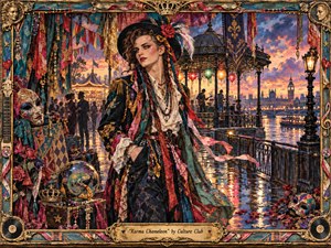 A flamboyant New Romantic figure stands on a rain-slick riverside promenade at twilight, surrounded by masks, flowers, ribbons, and glowing carnival details. Jewel-toned reds, teals, golds, and purples shimmer beneath warm lantern light. Rich mixed-media textures, ornate framing, reflective pavement, and distant architecture create a theatrical, wistful, celebratory mood.