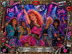 A jubilant 1980s dance party bursts with rebellious energy as brightly dressed women celebrate beneath a glittering disco ball and neon lights. Electric pinks, blues, golds, and reds dominate the expressive painted scene. Confetti, guitars, records, microphones, cassette tapes, chrome ornaments, and smiling red lips decorate the elaborate musical frame.