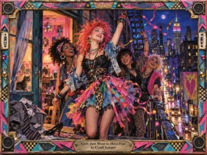 A jubilant group of women dances on a nighttime city fire escape, led by a red-haired figure in bold 1980s fashion. Neon pinks, turquoise, gold, and electric blue glow against the skyline, while streamers, jewelry, lights, and layered mixed-media textures create a playful, rebellious, handcrafted celebration of freedom and friendship.