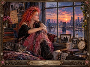 A red-haired woman sits pensively beside a large window overlooking a glowing city skyline and suspension bridge at sunset. Warm pink, amber, and blue tones create a nostalgic, reflective mood. Detailed painterly textures, photographs, books, flowers, a sleeping cat, and vintage clocks surround her, framed by ornate bronze hearts and timepiece motifs.