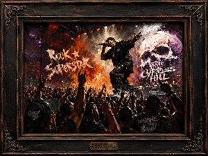 Explosive stage lights, roaring crowds, and raw brushwork capture the dangerous thrill of becoming a rock superstar. Cypress Hill commands the spotlight beneath a towering skull, while raised hands surge through smoke and fire. A distressed black-and-bronze frame completes this rebellious tribute to fame, pressure, power, and performance without compromise.