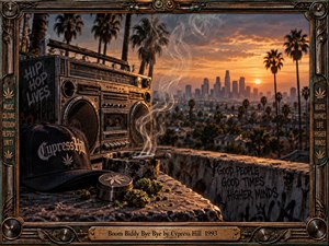 A weathered boombox, Cypress Hill cap, smoking blunt, grinder, and scattered cannabis rest on a graffiti-marked rooftop overlooking a palm-lined city at sunset. Warm orange light and drifting smoke create a hazy, rebellious mood, while the ornate metallic frame and engraved title plate give the cinematic scene a memorialized, street-culture character.