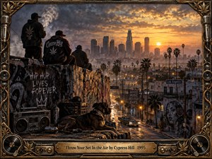A richly detailed urban scene overlooks Los Angeles at sunset, where three shadowed figures, a resting dog, graffiti, a boombox, and a lowrider create a tense hip-hop atmosphere. Warm gold light cuts through smoky gray clouds, while the ornate metallic frame, microphones, speakers, and record motifs reinforce the gritty 1990s aesthetic.