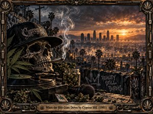 A weathered skull in a Cypress Hill cap smokes beside a turntable, microphone, cannabis, and spray cans on a gritty rooftop overlooking a hazy city at sunset. Warm orange light cuts through dark clouds, while ornate metallic framing, graffiti, palm trees, and dense urban detail create a tense, cinematic hip-hop atmosphere.