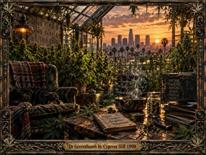 A richly detailed rooftop greenhouse overlooks a hazy city sunset, filled with lush cannabis plants, worn furniture, records, and smoking accessories. Warm amber light, deep greens, weathered textures, and an ornate speaker-accented frame create a relaxed, rebellious hip-hop atmosphere with cinematic realism and dense symbolic detail.