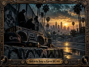 A gritty Los Angeles channel stretches toward a glowing skyline beneath stormy dusk clouds and silhouetted palms. Shadowed figures gather beside graffiti, chain-link fencing, and a weathered boombox, creating a tense streetwise mood. Warm amber reflections contrast with deep blue-gray shadows, framed by ornate distressed metalwork and hip-hop details.