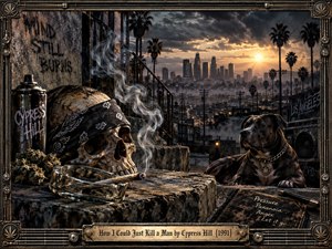 A gritty urban scene overlooks Los Angeles at sunset, framed by dark industrial metalwork. A bandana-wrapped skull, smoking blunt, cannabis, spray can, notebook, and watchful pit bull create a tense, menacing atmosphere. Smoky haze, graffiti, palm trees, glowing skyline, and dramatic golden light reinforce the cinematic early-1990s street aesthetic.