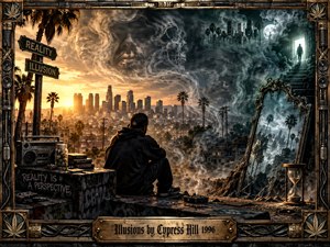 A solitary hooded figure overlooks a sprawling city split between golden sunset and cold moonlit haze. Swirling smoke forms ghostly faces and skulls above palms, rooftops, and a warped mirror. Gritty cinematic realism, bronze framing, deep shadows, and symbolic objects create a tense, dreamlike atmosphere of uncertainty and fractured perception.