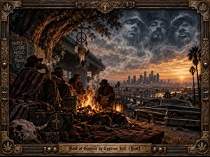 A smoky campfire gathering overlooks a glowing Los Angeles skyline beneath a stormy sunset, blending urban grit with nomadic mysticism. Warm amber firelight contrasts with deep charcoal shadows as spectral faces rise through curling smoke. Lowriders, patterned textiles, symbolic objects, and an ornate metal frame create a cinematic, psychedelic atmosphere.