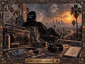 A hooded figure and loyal dog overlook a hazy Los Angeles sunset from a graffiti-covered rooftop. Warm orange light cuts through smoky clouds above distant towers and palms, while a boombox, headphones, vinyl, spray cans, and worn notebooks create a gritty, defiant urban atmosphere framed in ornate metalwork.