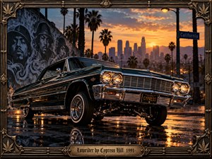 A gleaming black lowrider rises dramatically on hydraulics against a fiery Los Angeles sunset, surrounded by palm trees, murals, wet pavement, and distant towers. Warm amber reflections contrast with cool blue shadows, creating a cinematic urban mood. An ornate bronze frame and engraved title plate complete the richly detailed photographic composition.