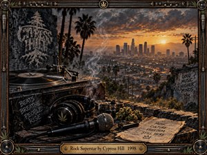 A gritty cinematic hip-hop scene overlooks a glowing Los Angeles skyline at sunset, framed by dark metallic music hardware. A turntable, microphone, headphones, smoke, and weathered street textures fill the foreground. Warm amber light, deep shadows, graffiti, palm trees, and urban haze create a rebellious, ambitious atmosphere.