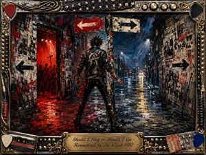 A lone punk rocker stands at a rain-soaked urban crossroads, torn between a fiery red club and a cold blue street. Dramatic reflections, graffiti, posters, and directional arrows intensify the restless mood. Thick expressive paint textures, metallic punk details, cables, studs, picks, and a brass title plate create rebellious, cinematic energy.