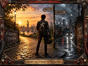 A lone punk figure stands at a rain-slicked crossroads between glowing sunset and storm-darkened city streets, embodying tense indecision. Warm gold contrasts with cold steel-blue shadows, while graffiti, direction signs, a guitar case, and London architecture deepen the rebellious mood. The richly textured artwork is framed with distressed musical hardware.
